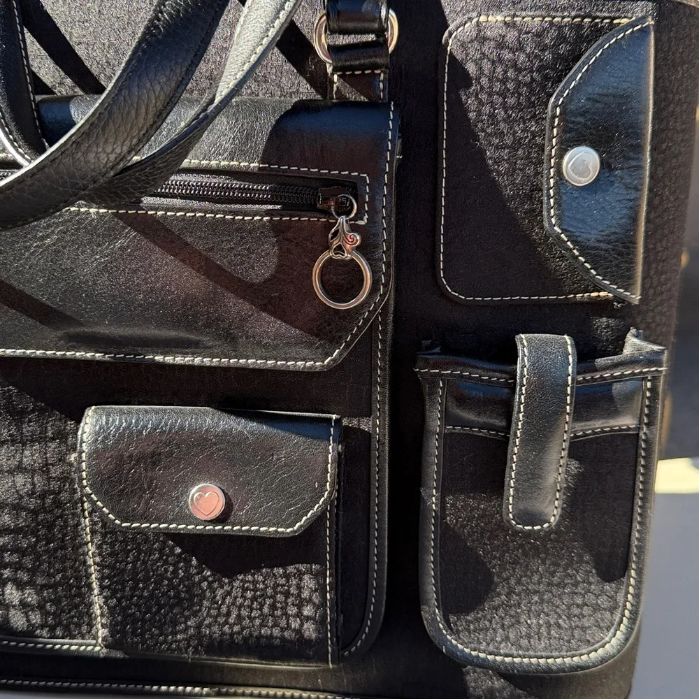 Vintage Brighton Black Leather Briefcase Laptop Bag Multi Pocket Travel Tote